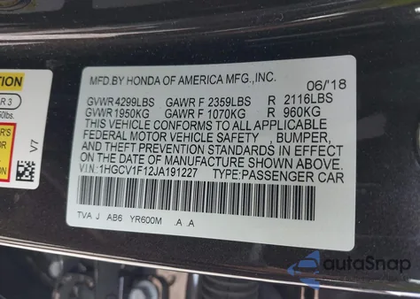 2018 Honda Accord Lx z USA, uszkodzony, nr VIN 1HGCV1F12JA191227